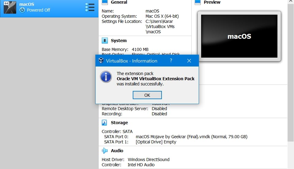 how can i tell if the extension pack is installed in virtualbox for my mac